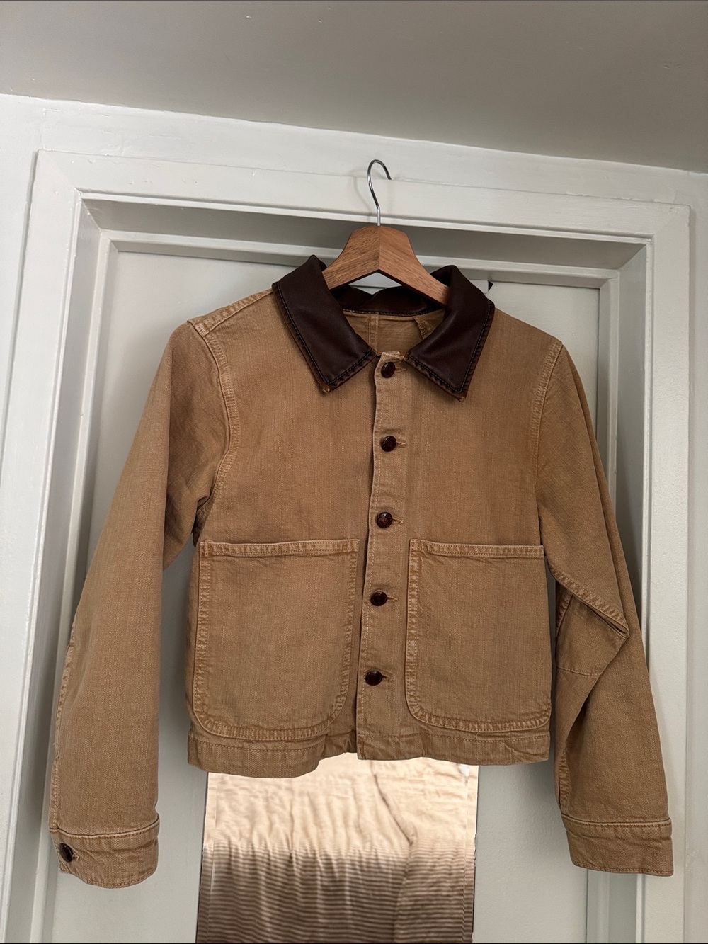 MOTHER DENIM Brown Canvas Work Jacket with Dark Brown Leather Collar